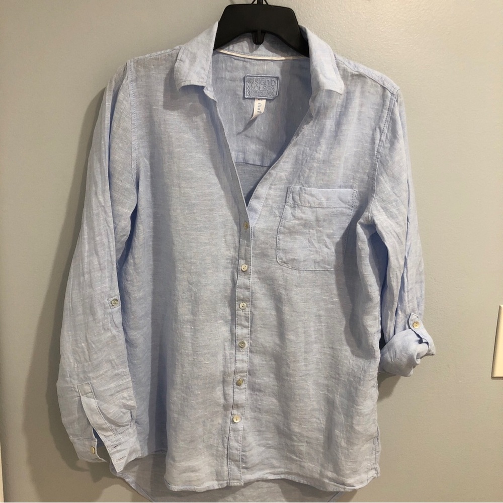 Sigrid Olsen 100% Linen Button-Down Shirt Size S Blue Lagenlook Costal